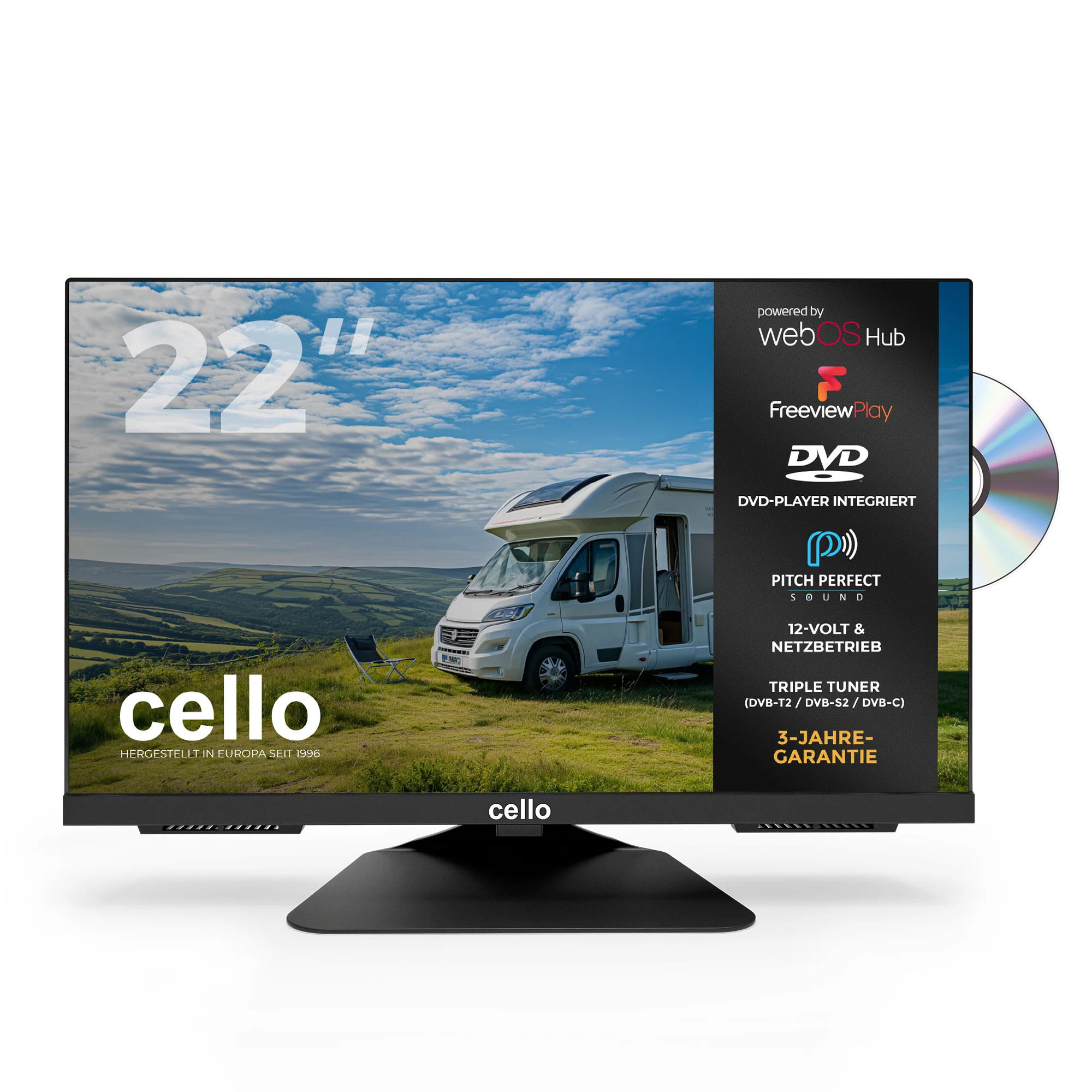 22″ Smart WebOS 12-Volt TV with DVD & Perfect Pitch Sound (DE)